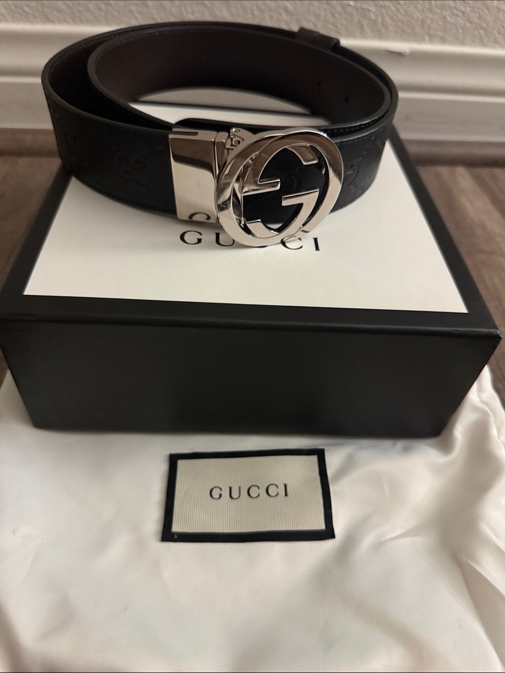Gucci Black Leather Belt with Silver Interlocking G Buckle